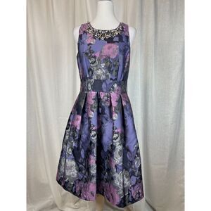 Eliza J Floral Brocade Fit & Flare Dress Embellished Neckline Cocktail Party 8